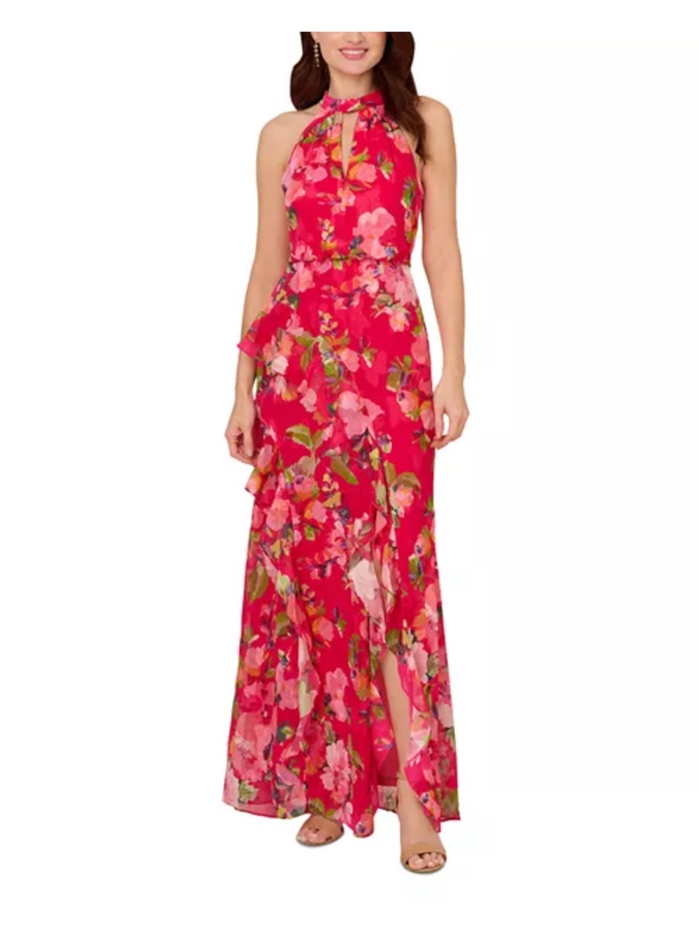Adrianna Papell Fuchsia Floral Halter Maxi Dress